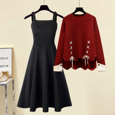 Round Collar Lace Up Knit Sweater Slip Dress Two Pieces Set