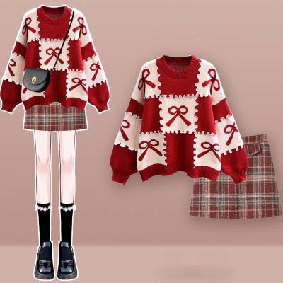 Bow Knot Print Colorblock Sweater Plaid Pleated Skirt Two Pieces Set