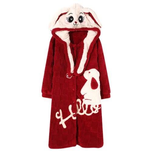 Cute Cartoon Bunny Embroidery Hooded Plush Pajamas