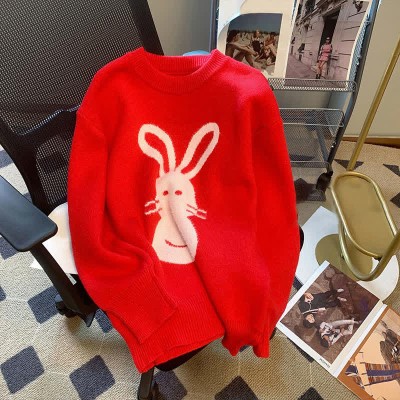 Cartoon Bunny Print Round Collar Red Knit Sweater