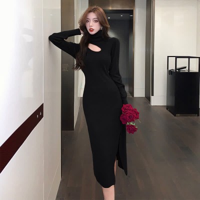 High Collar Hollow Out Pure Color Split Knit Dress