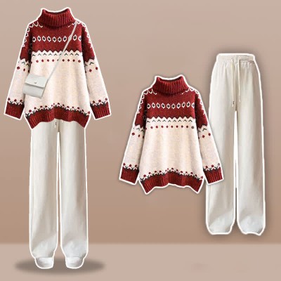 Colorblock Turtleneck Sweater Casual Pants Two Pieces Set