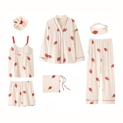 【50% OFF】Cartoon Fruit Print Pajamas Seven Pieces Set With Breast Pads
