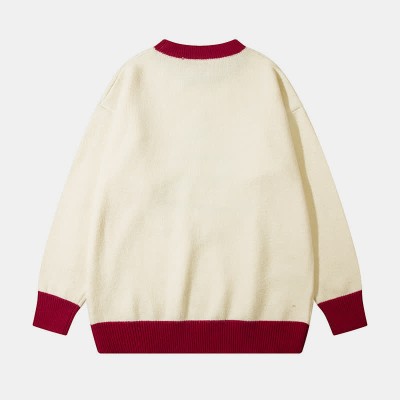 Christmas Tree Print Colorblock Round Collar Knit Sweater