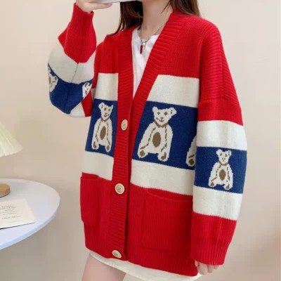 Lovely Cartoon Bear Print Colorblock Pocket Knit Sweater Cardigan