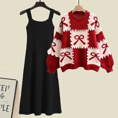 Bow Knot Print Colorblock Sweater Slip Dress Two Pieces Set