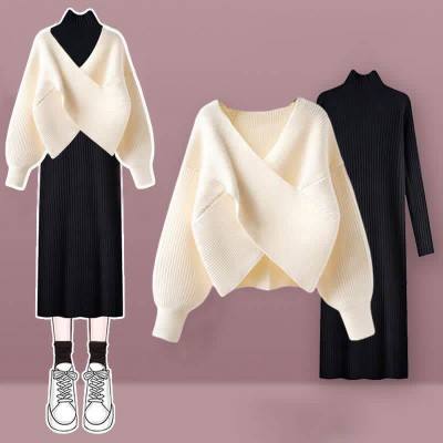 Pure Color Cross Knit Sweater Dress Two Pieces Set
