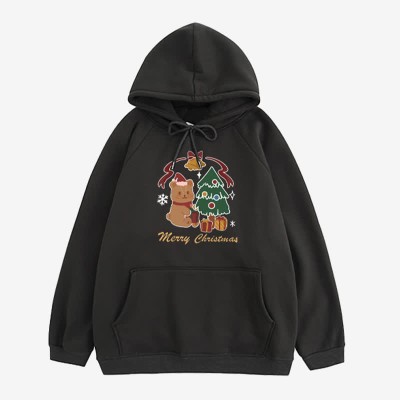 Cartoon Christmas Tree Bear Print Plush Hoodie
