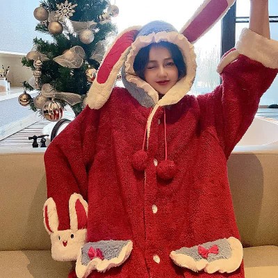 Cartoon Bunny Hooded Plush Pajamas Set
