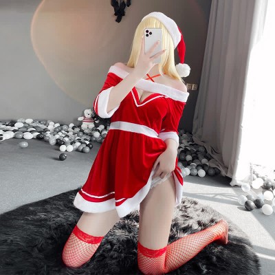 Hollow Out Christmas Lingerie Dress Stockings Set