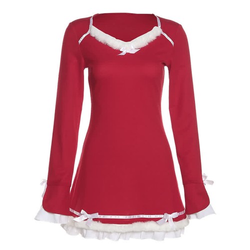 Plush Bow Knot Decor Splice A-line Dress