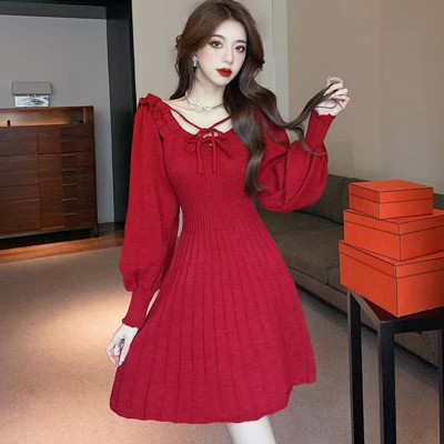 Lace Up Ruffled Pure Color Knit Sweater Dress