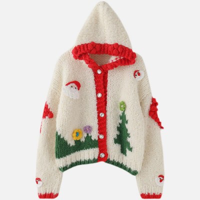 Christmas Graphic Print Knit Hooded Cardigan Sweater