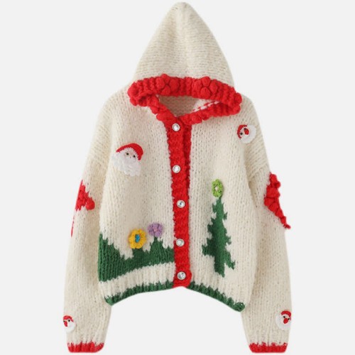 Christmas Graphic Print Knit Hooded Cardigan Sweater