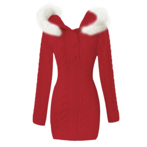 Pure Color Slim Knit Hooded Sweater Dress
