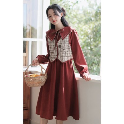 Chic Plaid Print Vest Long Sleeve Doll Collar Dress Two Pieces Set