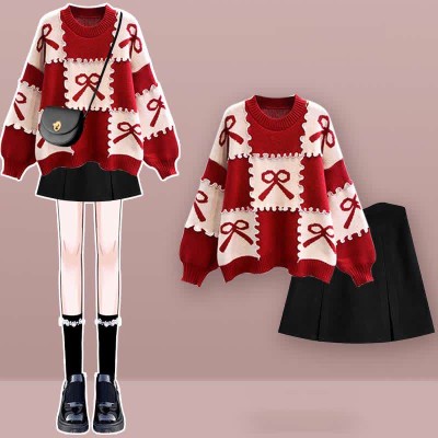 Bow Knot Print Colorblock Sweater Plaid Pleated Skirt Two Pieces Set