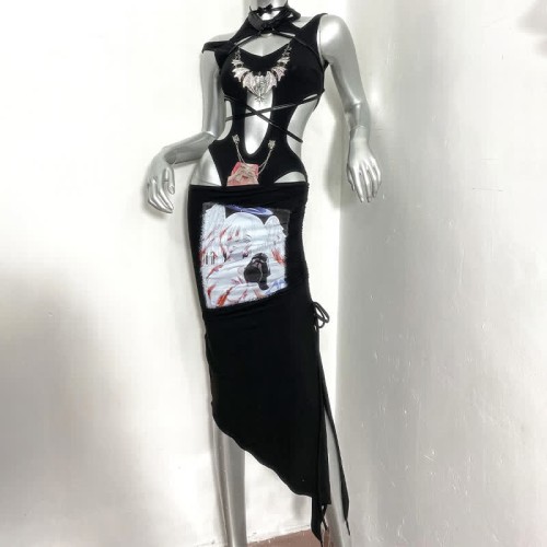 Gothic Anime Print Hollow Out Bodysuit Split Skirt Two Pieces Set