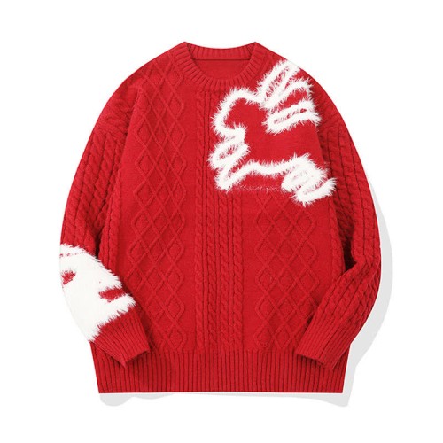 Cute Bunny Pattern Round Collar Cable Knit Sweater