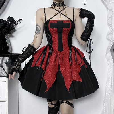 Gothic Cross Lace up Irregular Stitching Slip Dress