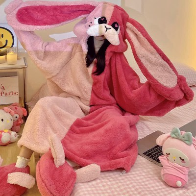 【50% OFF】Funny Cartoon Bunny Plush Hooded Jumpsuit Pajamas Dress