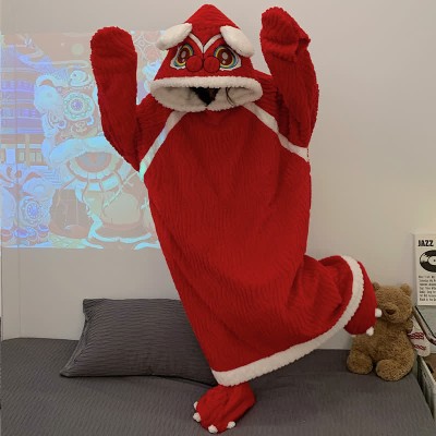 Funny Lion Dance Embroidery Hooded Jumpsuit Pajamas Dress