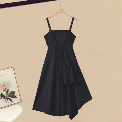 Oblique Pure Color Sweater Lace Up Irregular Slip Dress