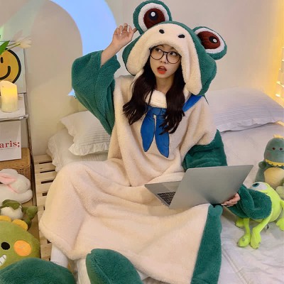 【50% OFF】Funny Cartoon Frog Plush Hooded Jumpsuit Pajamas Dress
