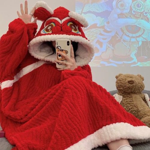 Funny Lion Dance Embroidery Hooded Jumpsuit Pajamas Dress