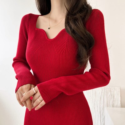 Pure Color Slim Knit Sweater Dress