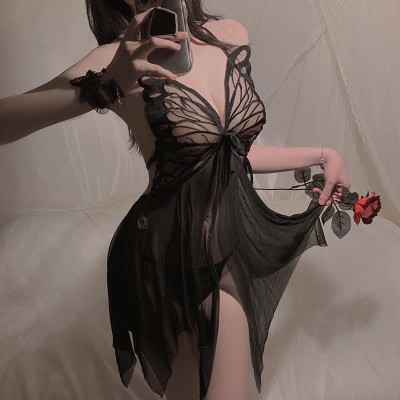 Sexy Butterfly Lace Up See Through Lingerie Dress