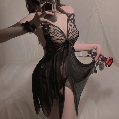 Sexy Butterfly Lace Up See Through Lingerie Dress