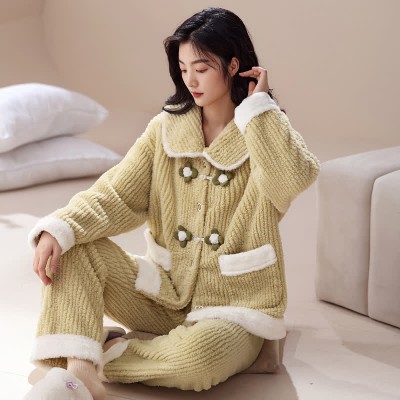 Vintage Buckle Pocketed Lapel Plush Pajamas Set