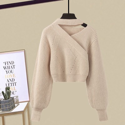 Oblique Pure Color Sweater Flouncing Slip Dress