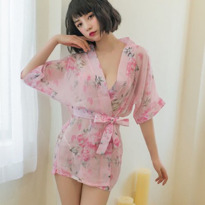 Floral Print Deep V-neck See Through Kimono Lingerie Dress