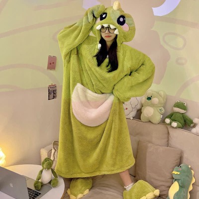 【50% OFF】Funny Cartoon Dinosaur Plush Hooded Jumpsuit Pajamas Dress