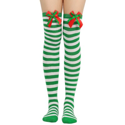 Bow Knot Fuzzy Ball Stripe Christmas Stockings Over the Knee