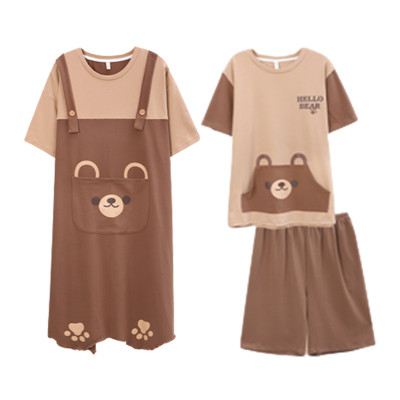 Girlfriend Boyfriend Cartoon Bear Print Colorblock Pajamas Set