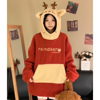 Reindeer Letter Embroidery Plush Hoodie