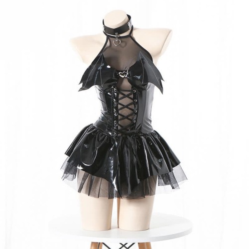 Halter Lace Up Little Demon PU Lingerie Set