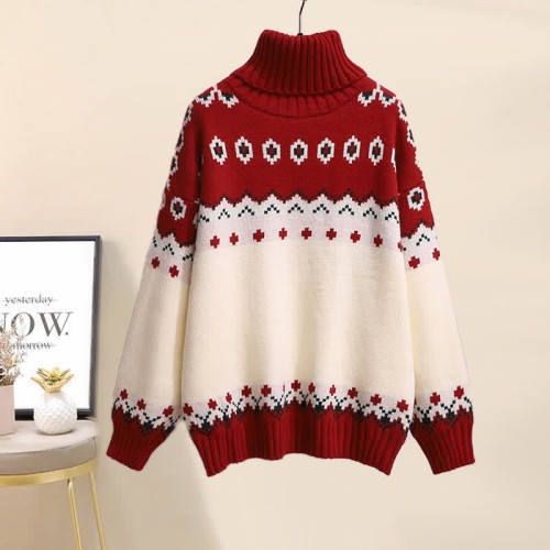 Colorblock Turtleneck Sweater Casual Pants Two Pieces Set