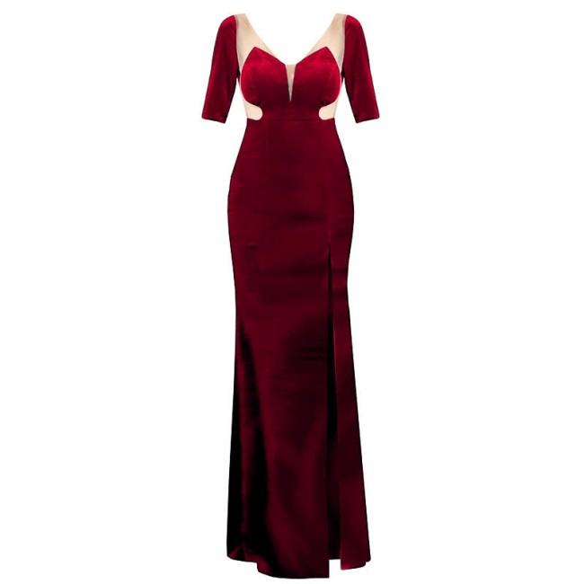 V-neck Lace Perspective High Split Long Dress