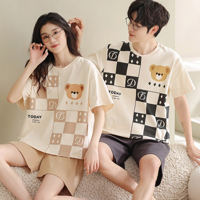 Girlfriend Boyfriend Cartoon Bear Print Colorblock Pajamas Set