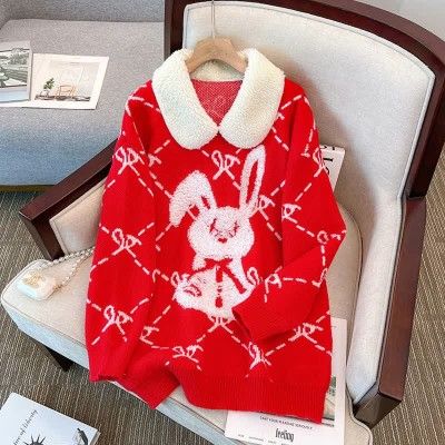 Cute Bunny Letter Print Round Collar Red Knit Sweater
