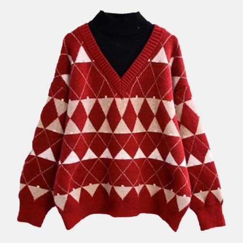 Fake Two Pieces Rhombus Plaid Sweatshirt
