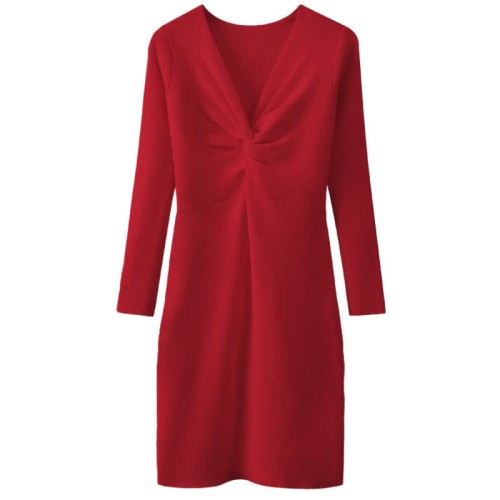 Pure Color V-neck Slim Knit Sweater Dress