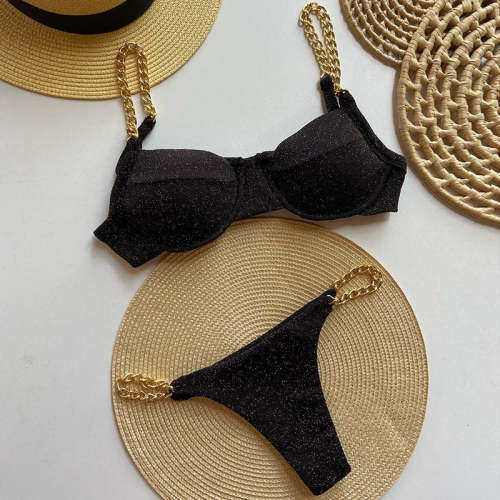 Fashion Solid Color Chain Sexy Bikini Swimsuit