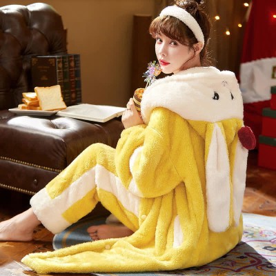 Cartoon Bunny Bowknot Hooded Plush Pajamas Set