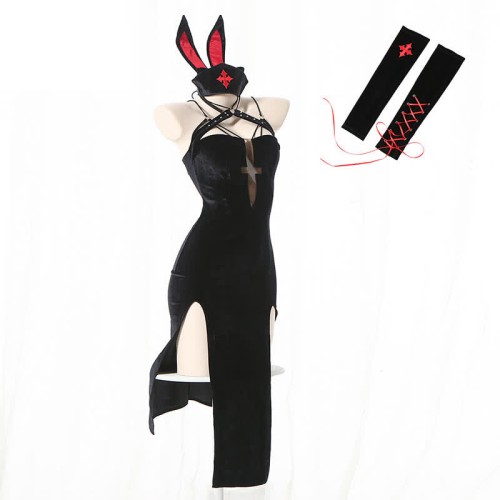 Cosplay Nurse Lace Up Bunny High Split Lingerie Dress