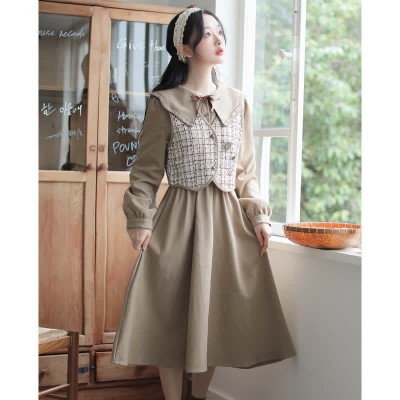Chic Plaid Print Vest Long Sleeve Doll Collar Dress Two Pieces Set